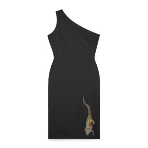 Chic One-Shoulder Dress with Iguana Painting